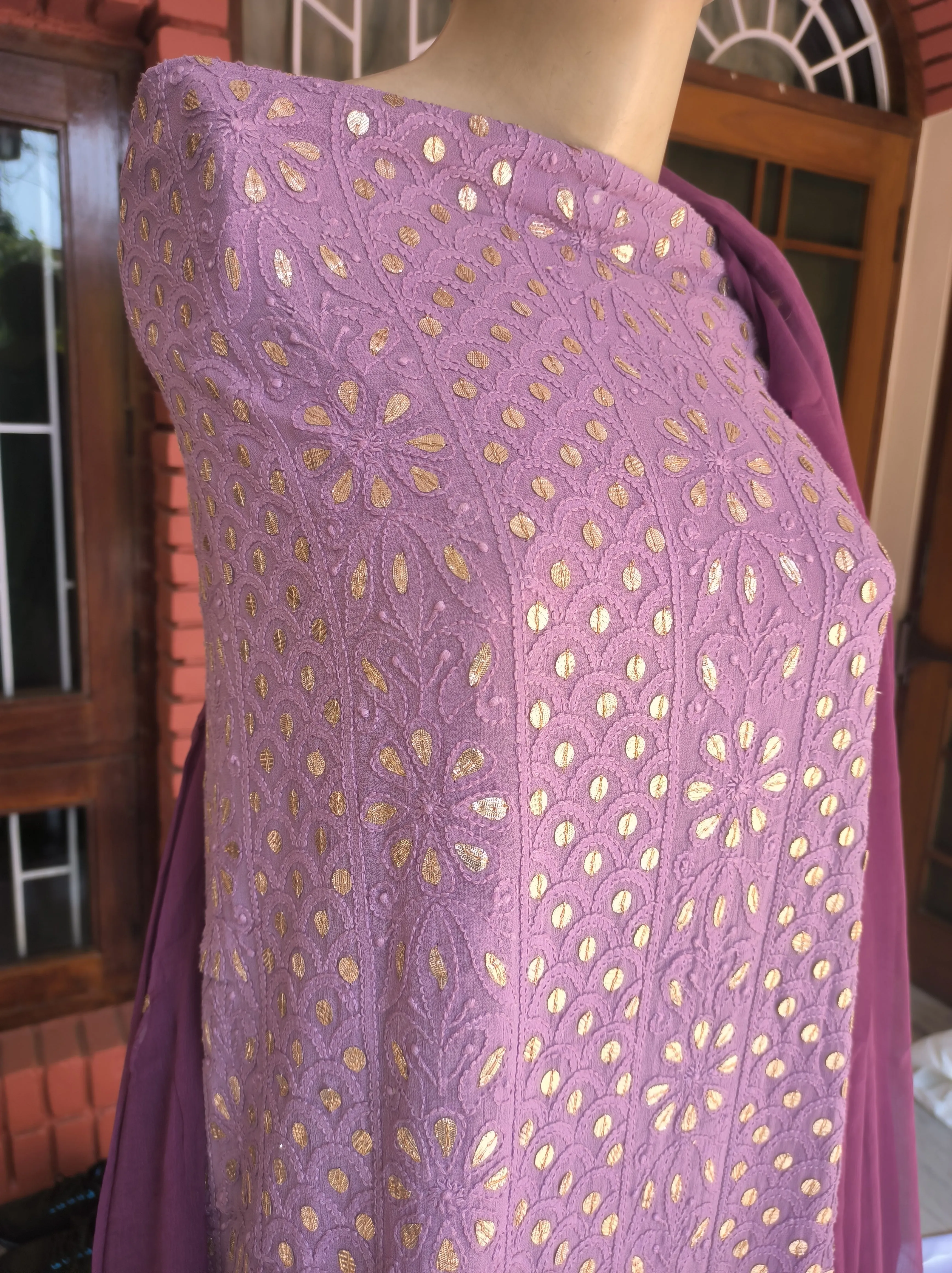 Purple & deep maroon Lucknowi Chikankari Gota Patti Salwar Suit(Dress Material)