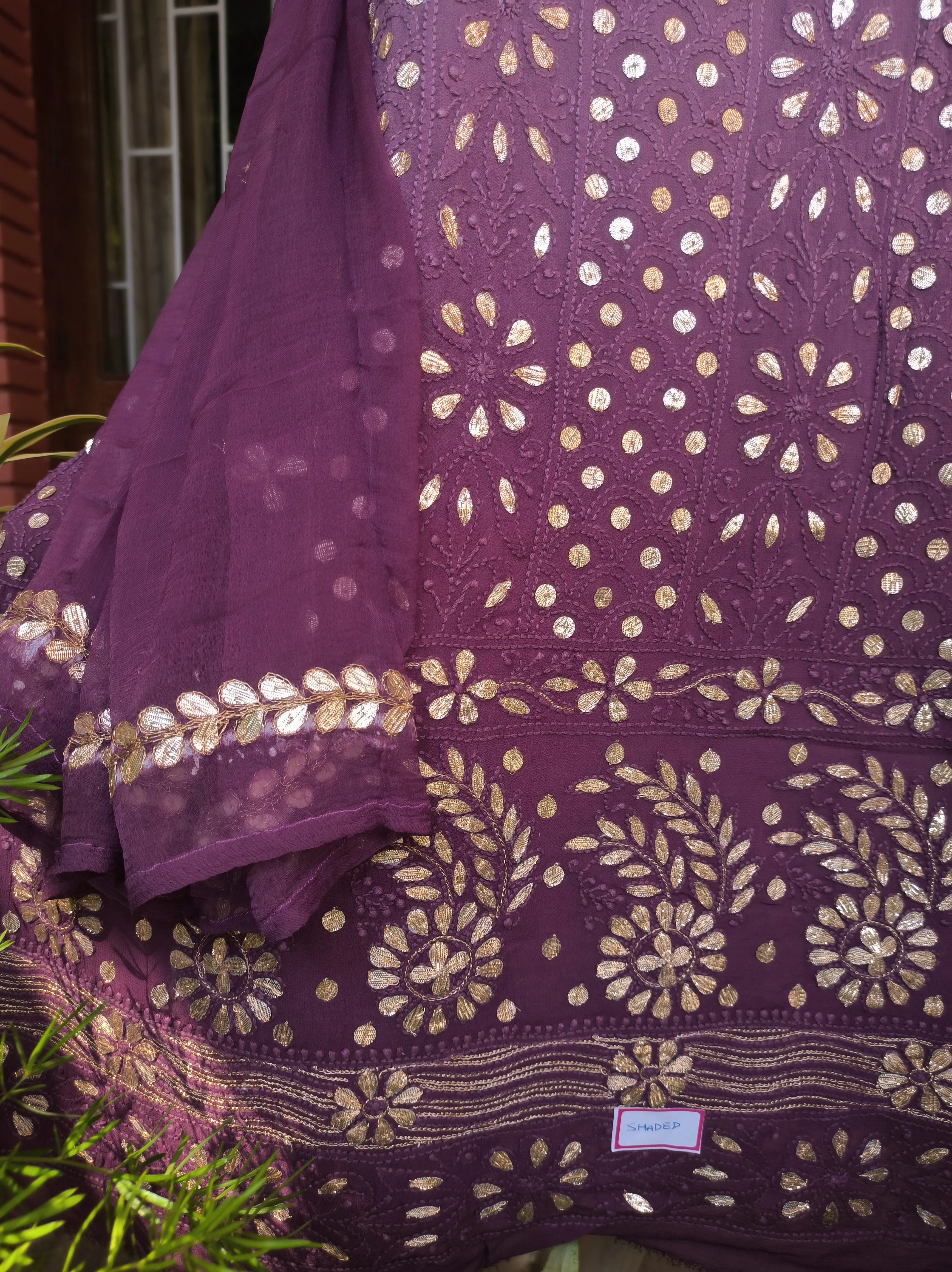 Purple & deep maroon Lucknowi Chikankari Gota Patti Salwar Suit(Dress Material)