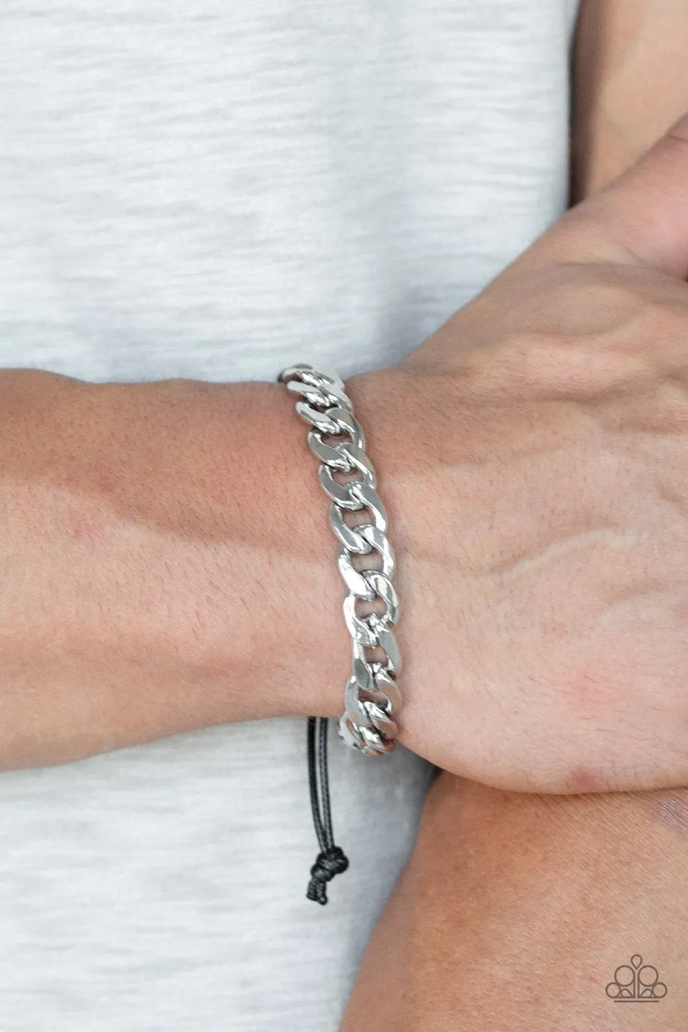 " Renegade" Men's Silver Metal Cable Link Black Cord Slide Adjustable Bracelet