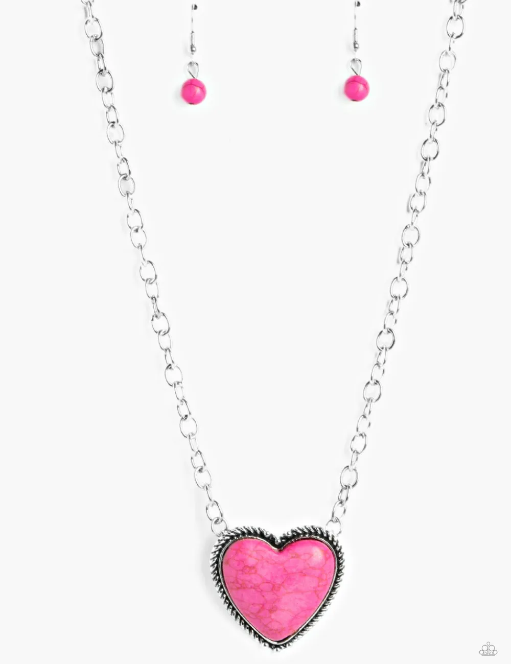 "Authentic Admirer" Silver Metal Chain With Large Pink Crackle Stone Heart Necklace Set