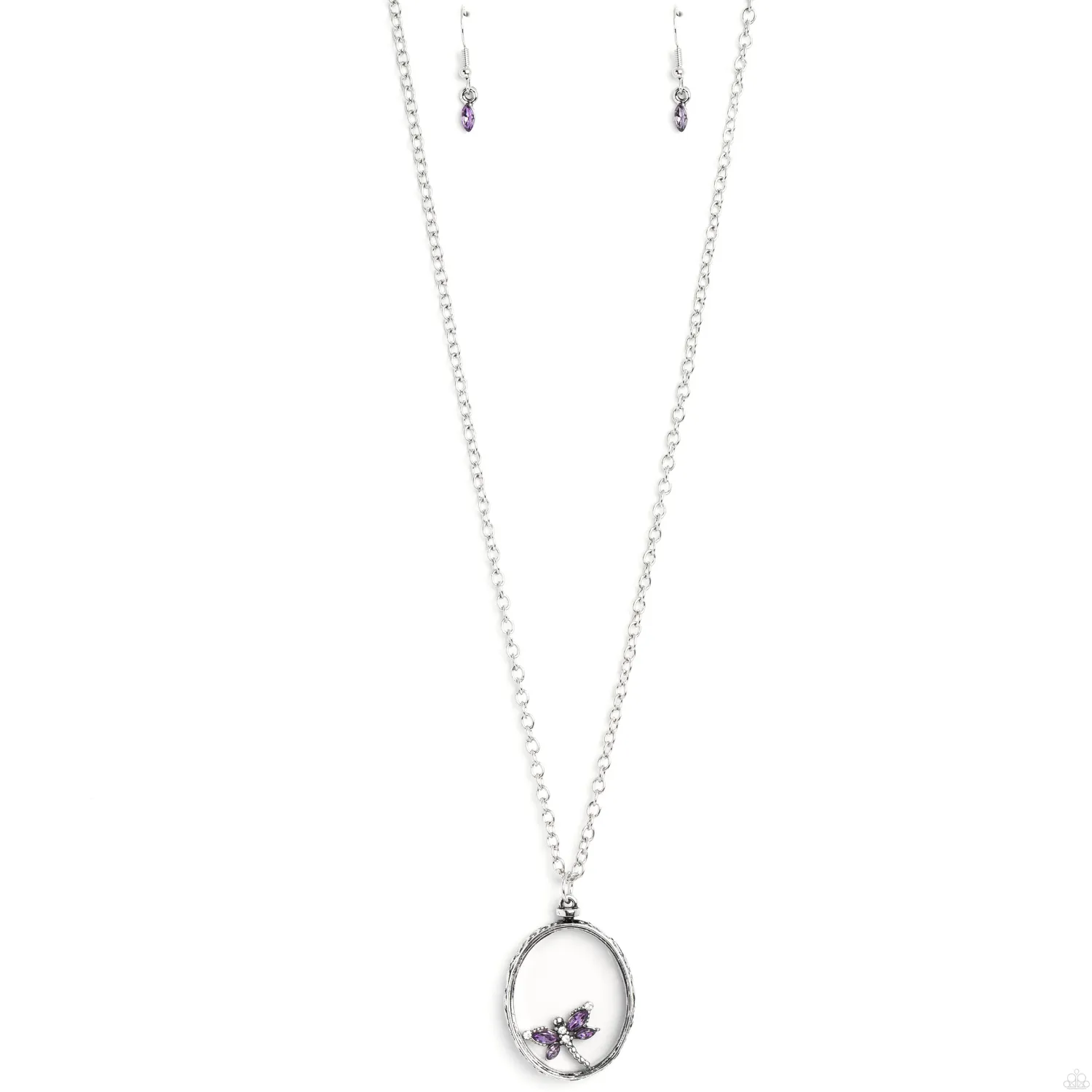 "Dynamic Dragonfly" Silver Metal & Moveable Purple Rhinestone Dragonfly Necklace Set