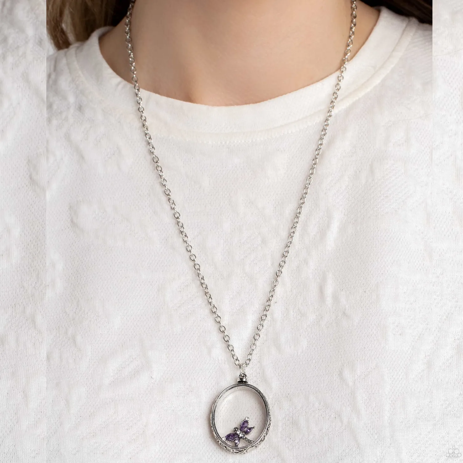 "Dynamic Dragonfly" Silver Metal & Moveable Purple Rhinestone Dragonfly Necklace Set