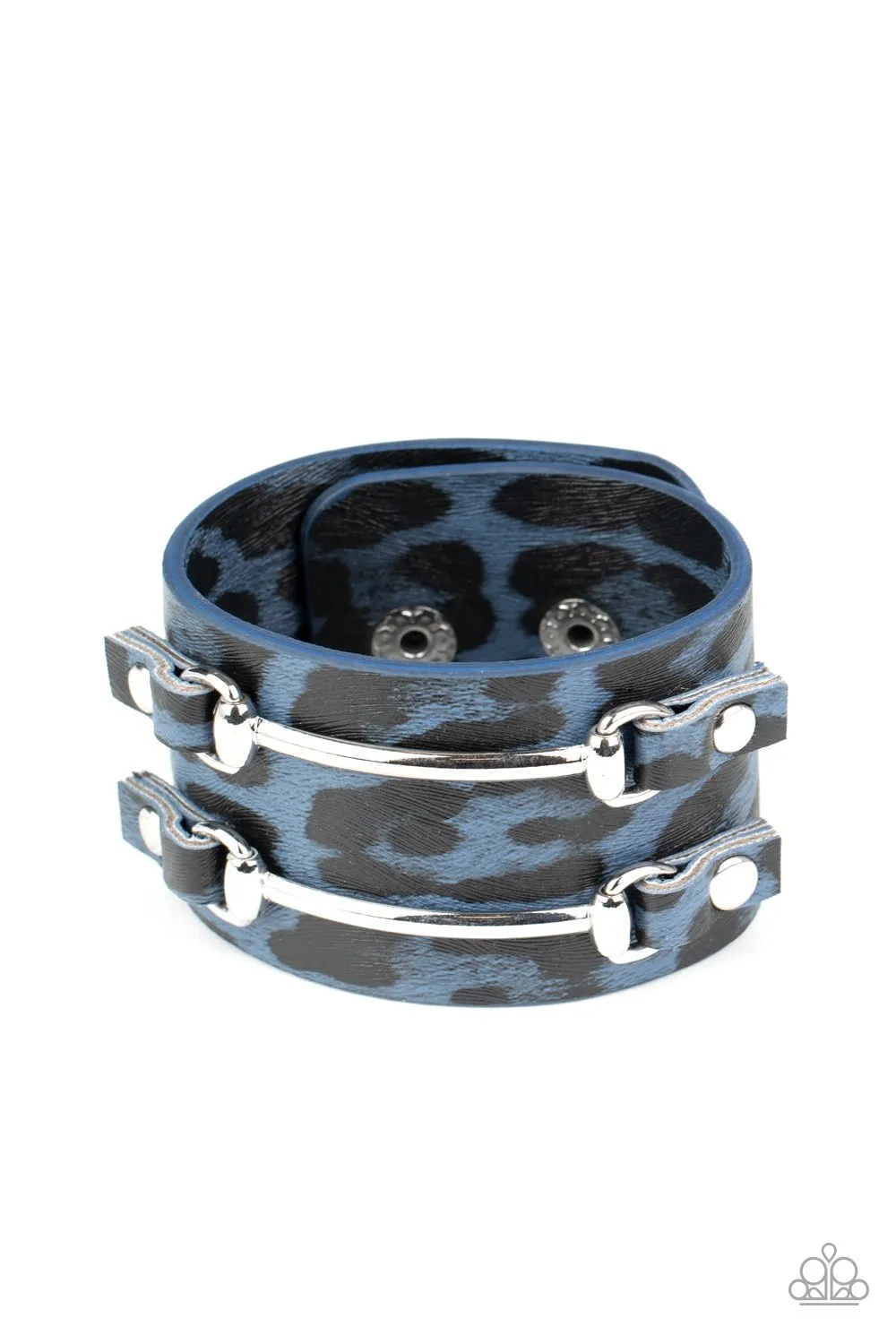 "Safari Scene" Silver Black & Blue Leather Cheetah Print Snap Band Bracelet