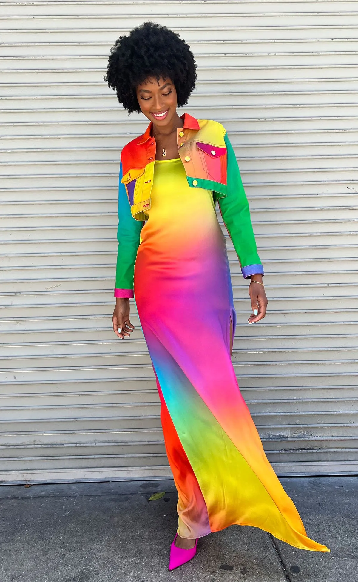 Rainbow Gradient Maxi Silk Slip Dress with High Slit