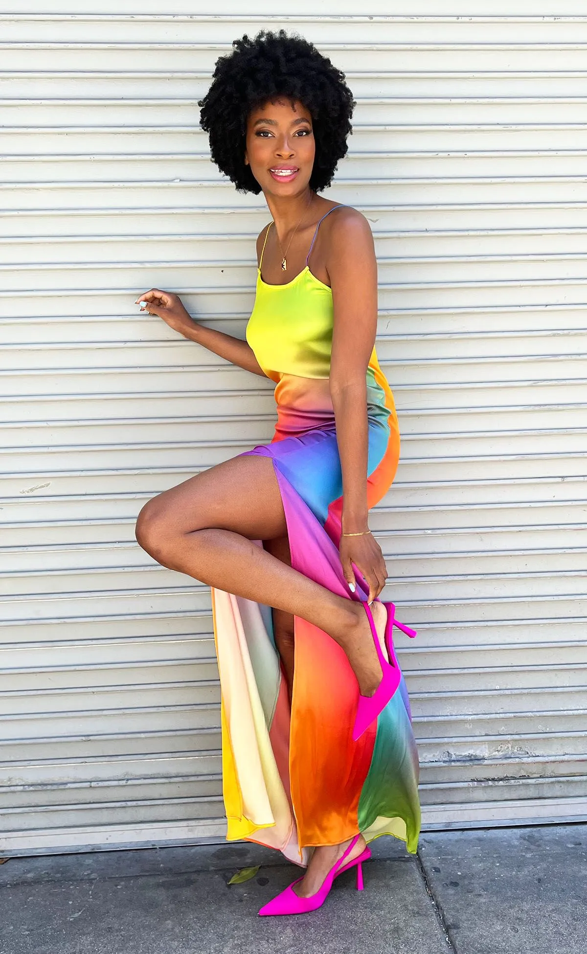 Rainbow Gradient Maxi Silk Slip Dress with High Slit