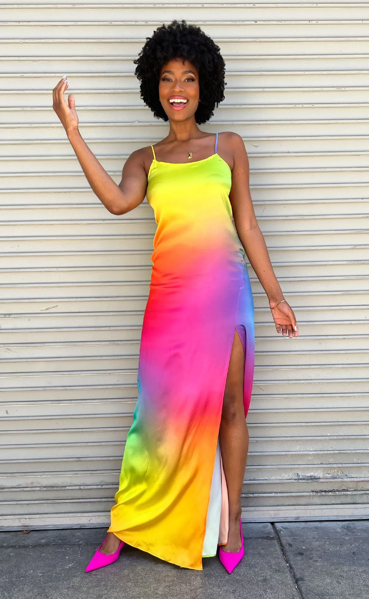 Rainbow Gradient Maxi Silk Slip Dress with High Slit