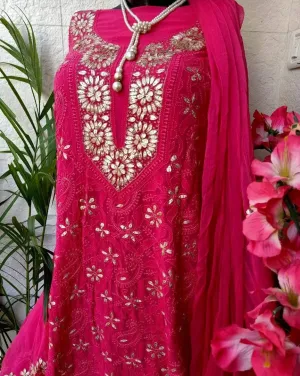 Rani Pink Designer Fancy Lucknowi Chinkari Gota Patti Salwar Kameez Unstitched Material