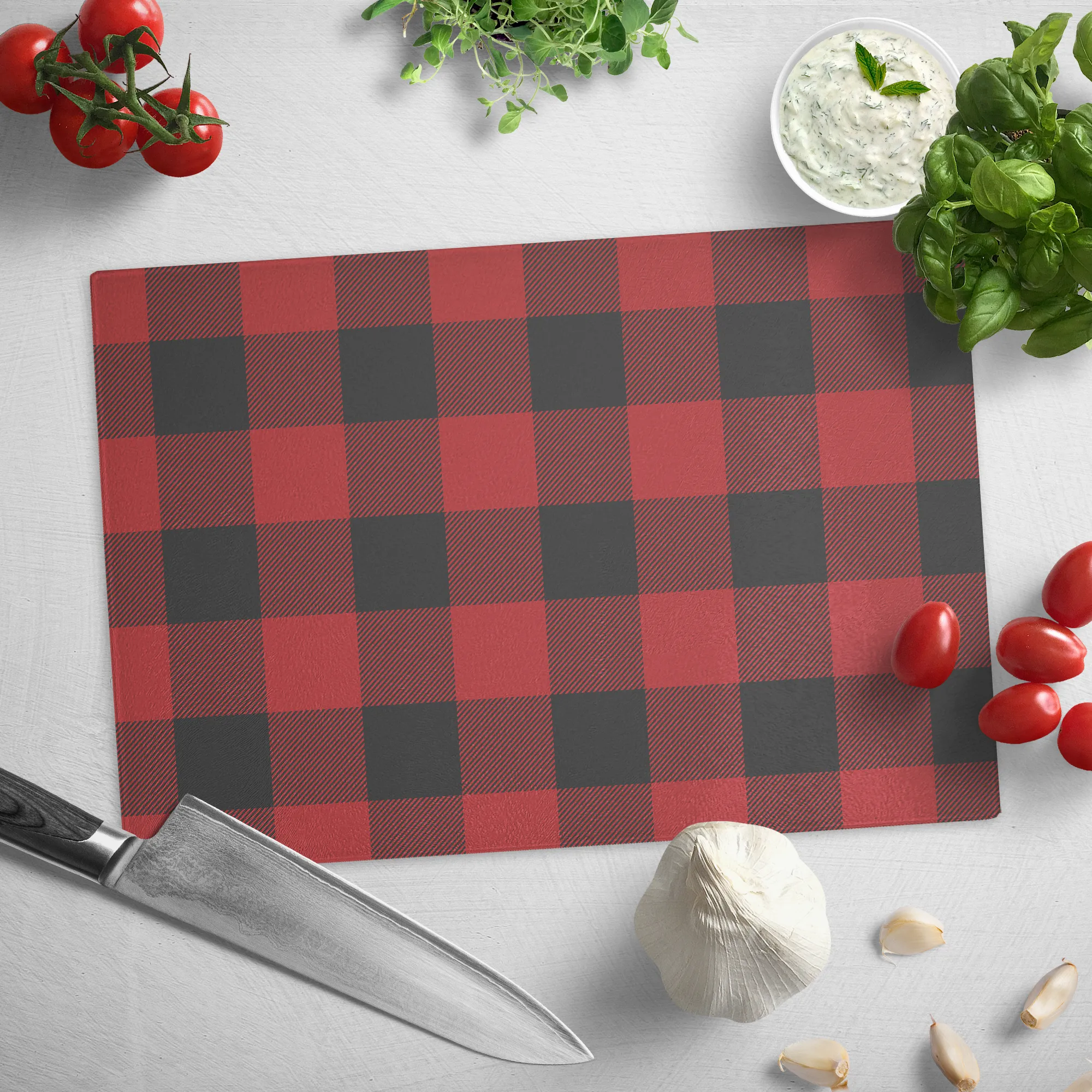 Red and Black Buffalo Plaid Tempered Glass Cutting Board