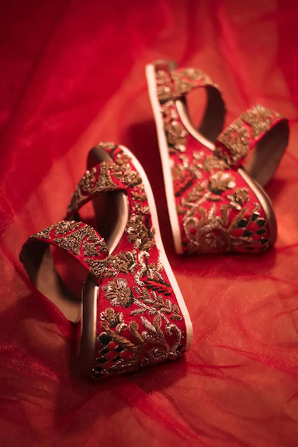 Red Hand Embroidered Wedges