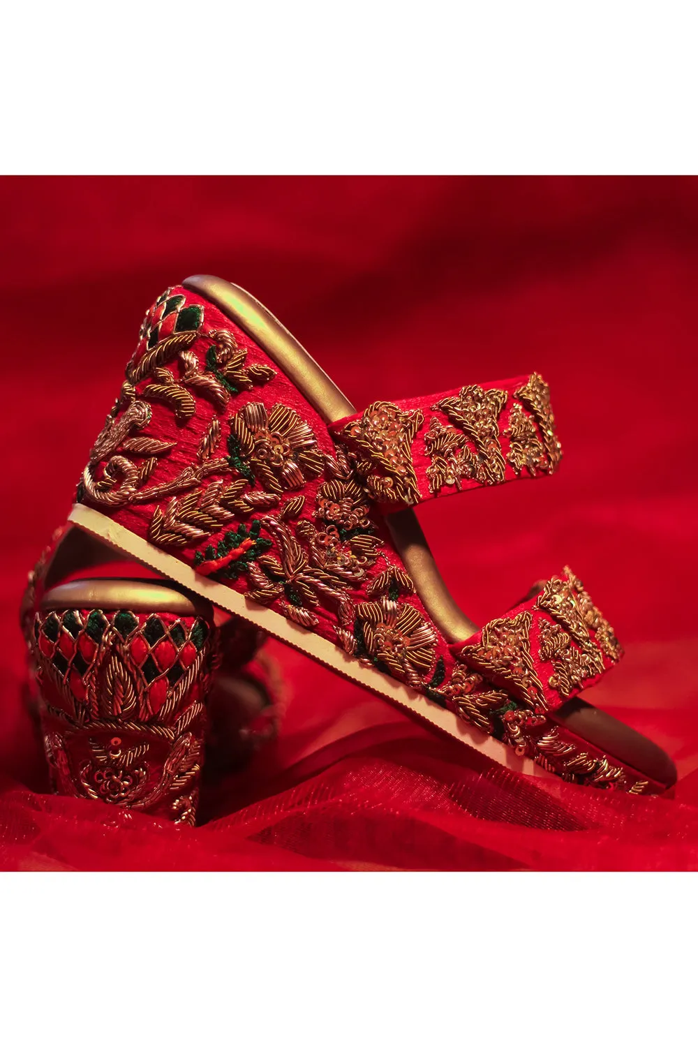 Red Hand Embroidered Wedges