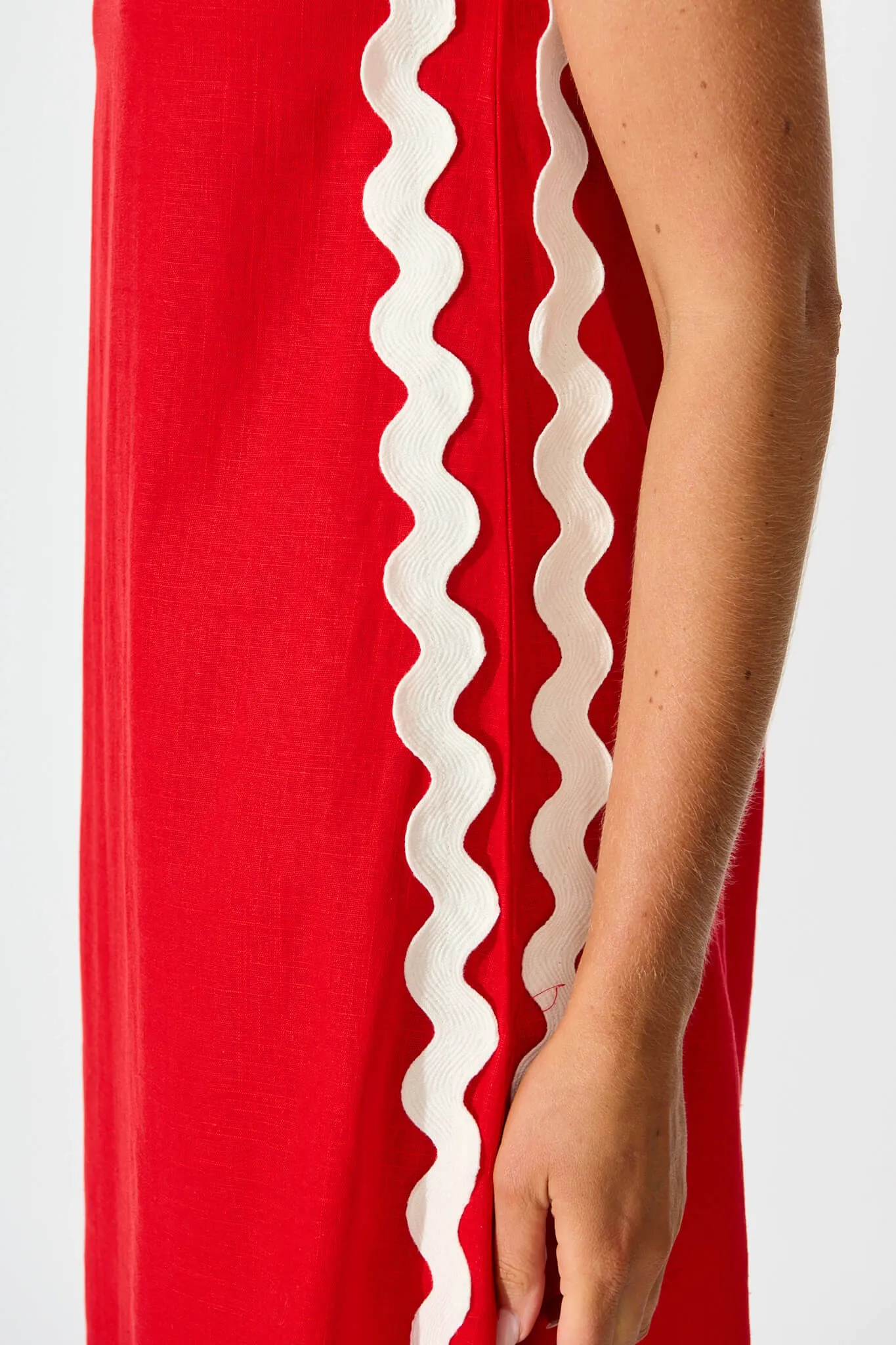 Red Linen Blend Dress with White Ric Rac Detail
