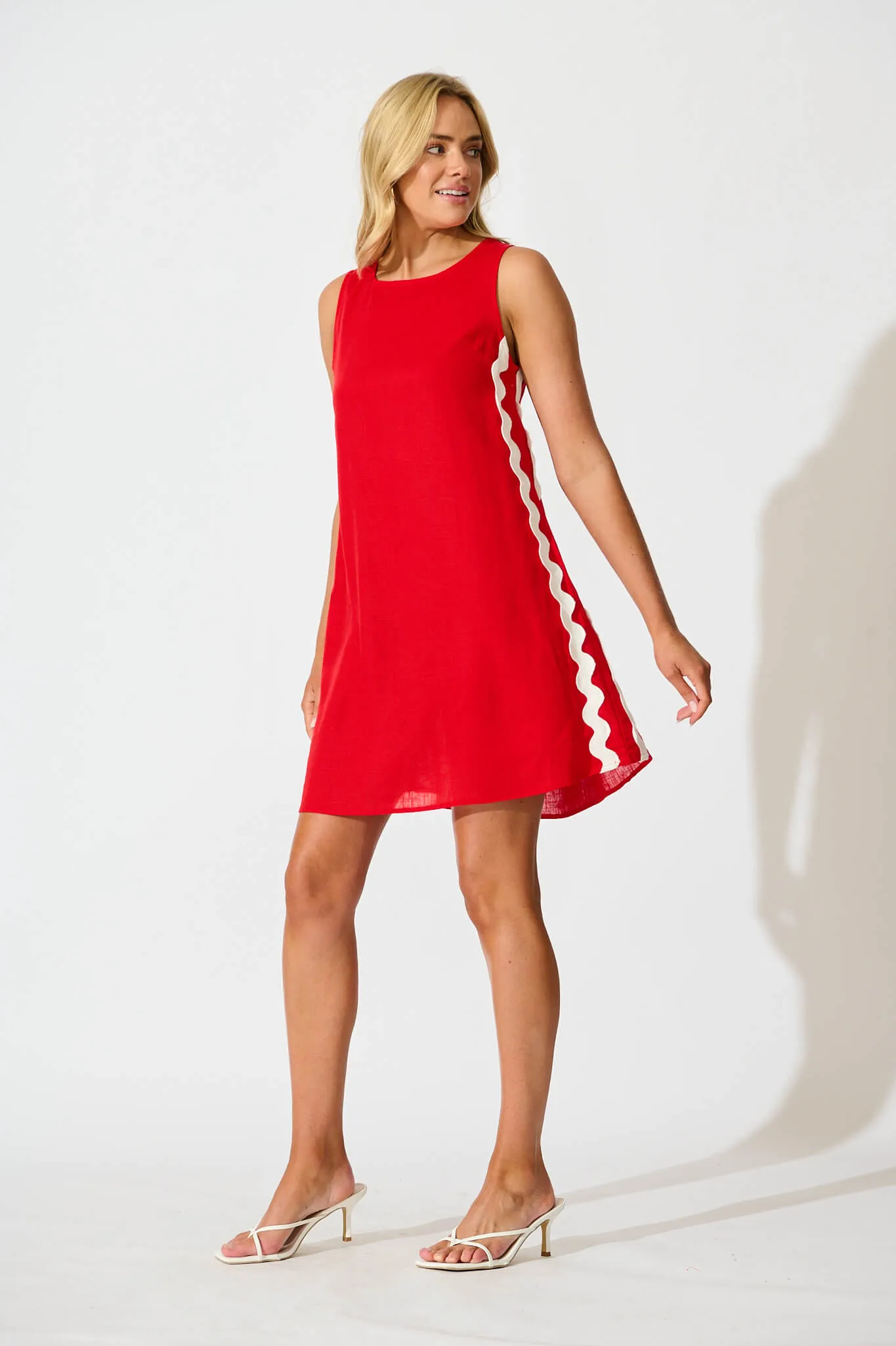 Red Linen Blend Dress with White Ric Rac Detail