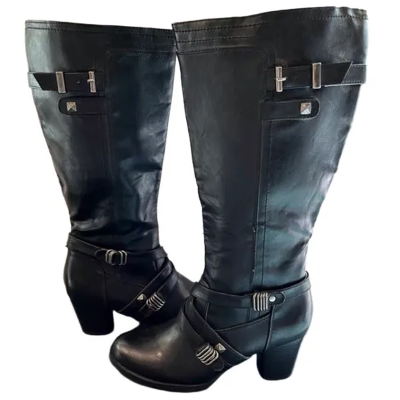 Rialto Claudette Knee High comfort Boots black size 8 block heel buckles