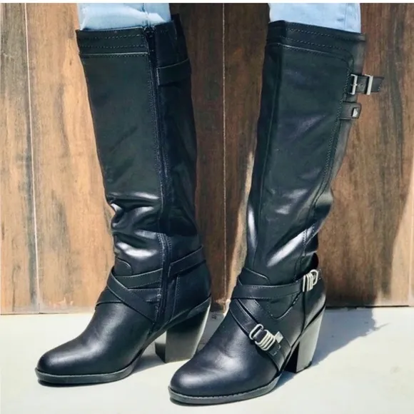 Rialto Claudette Knee High comfort Boots black size 8 block heel buckles