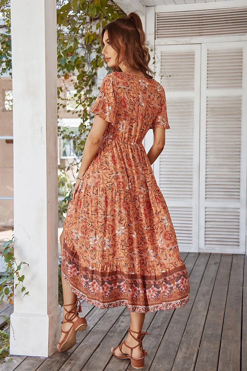 Ricarda Boho Midi Dress - Orange Print