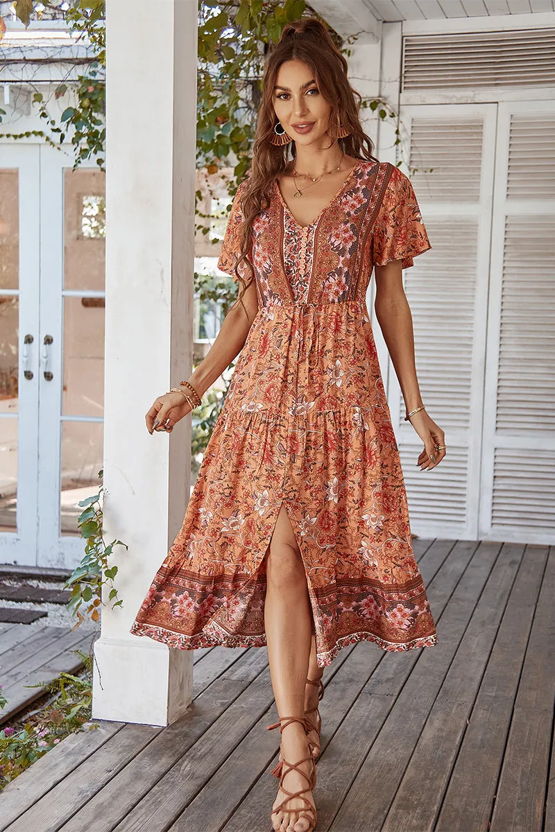 Ricarda Boho Midi Dress - Orange Print