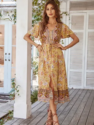 Ricarda Boho Midi Dress - Yellow Print