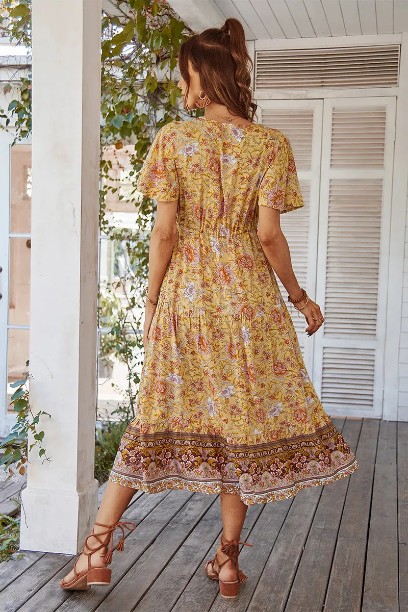 Ricarda Boho Midi Dress - Yellow Print