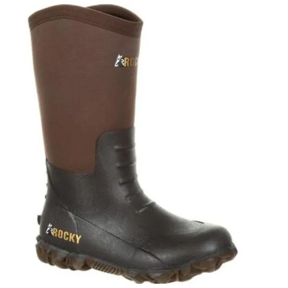 Rocky Kids' Core 9” Rubber Outdoor Boot Black and Brown Sz 1 Boy Waterproof