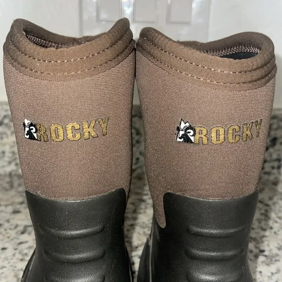 Rocky Kids' Core 9” Rubber Outdoor Boot Black and Brown Sz 1 Boy Waterproof