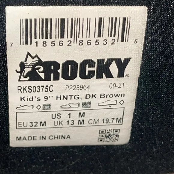 Rocky Kids' Core 9” Rubber Outdoor Boot Black and Brown Sz 1 Boy Waterproof