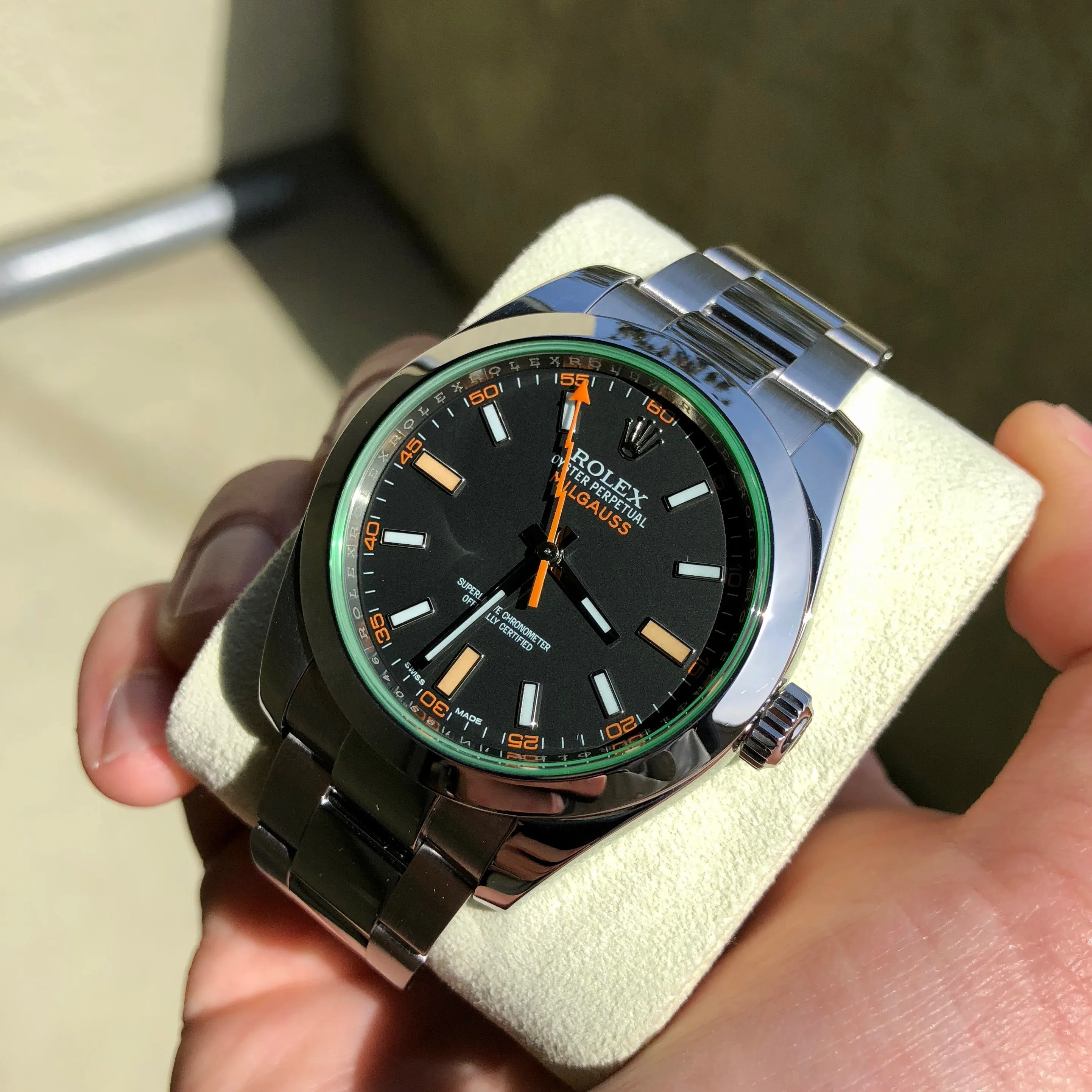 Rolex Milgauss Green 116400GV Green Steel Wristwatch Box & Papers Circa 2014