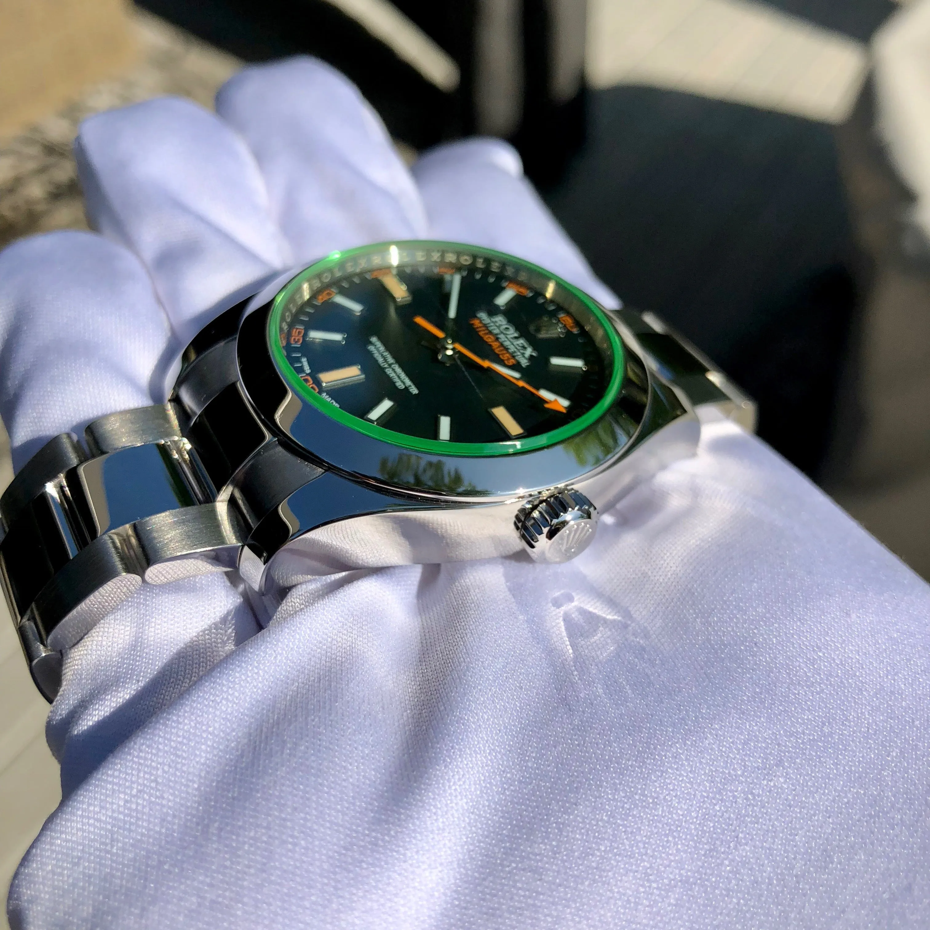 Rolex Milgauss Green 116400GV Green Steel Wristwatch Box & Papers Circa 2014