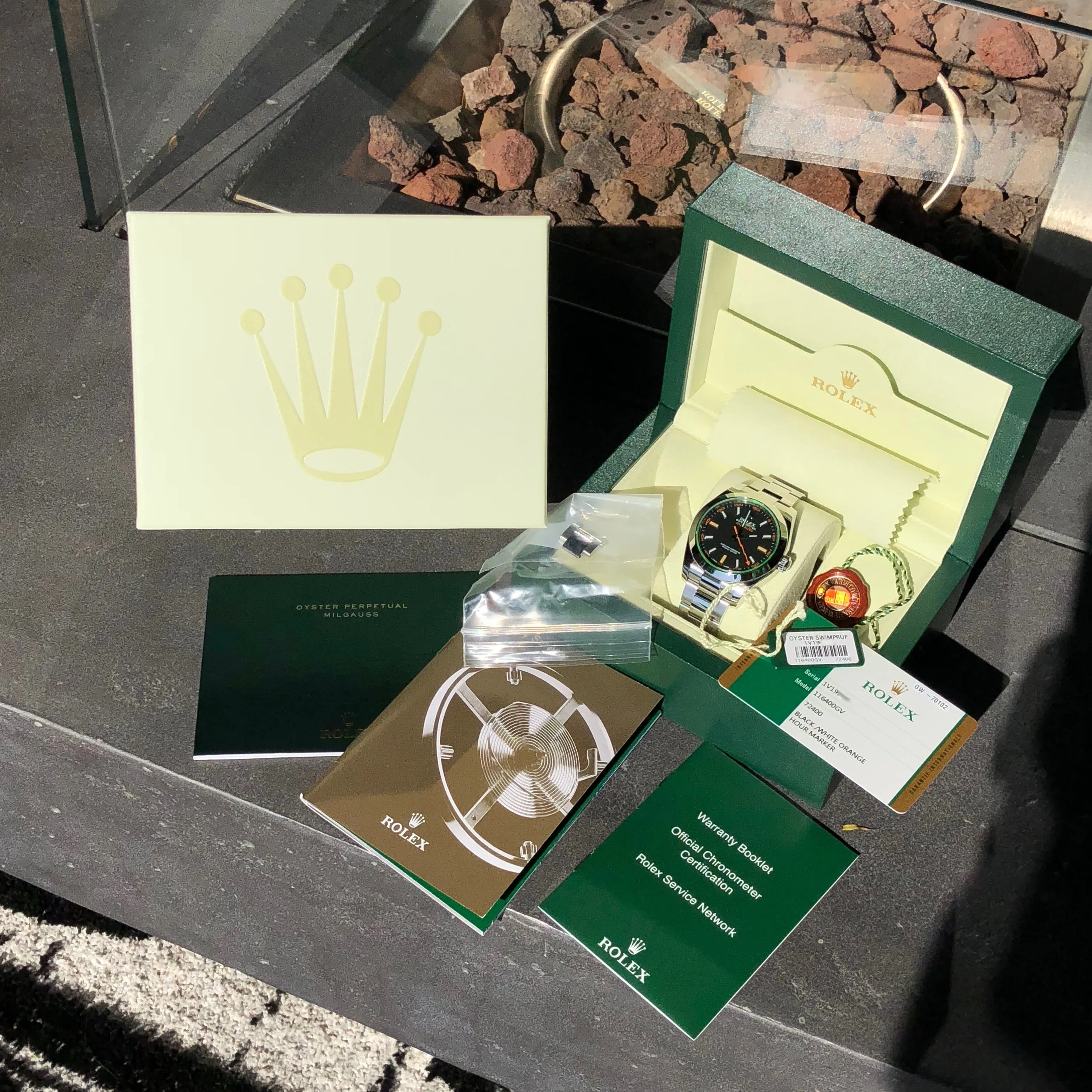 Rolex Milgauss Green 116400GV Green Steel Wristwatch Box & Papers Circa 2014