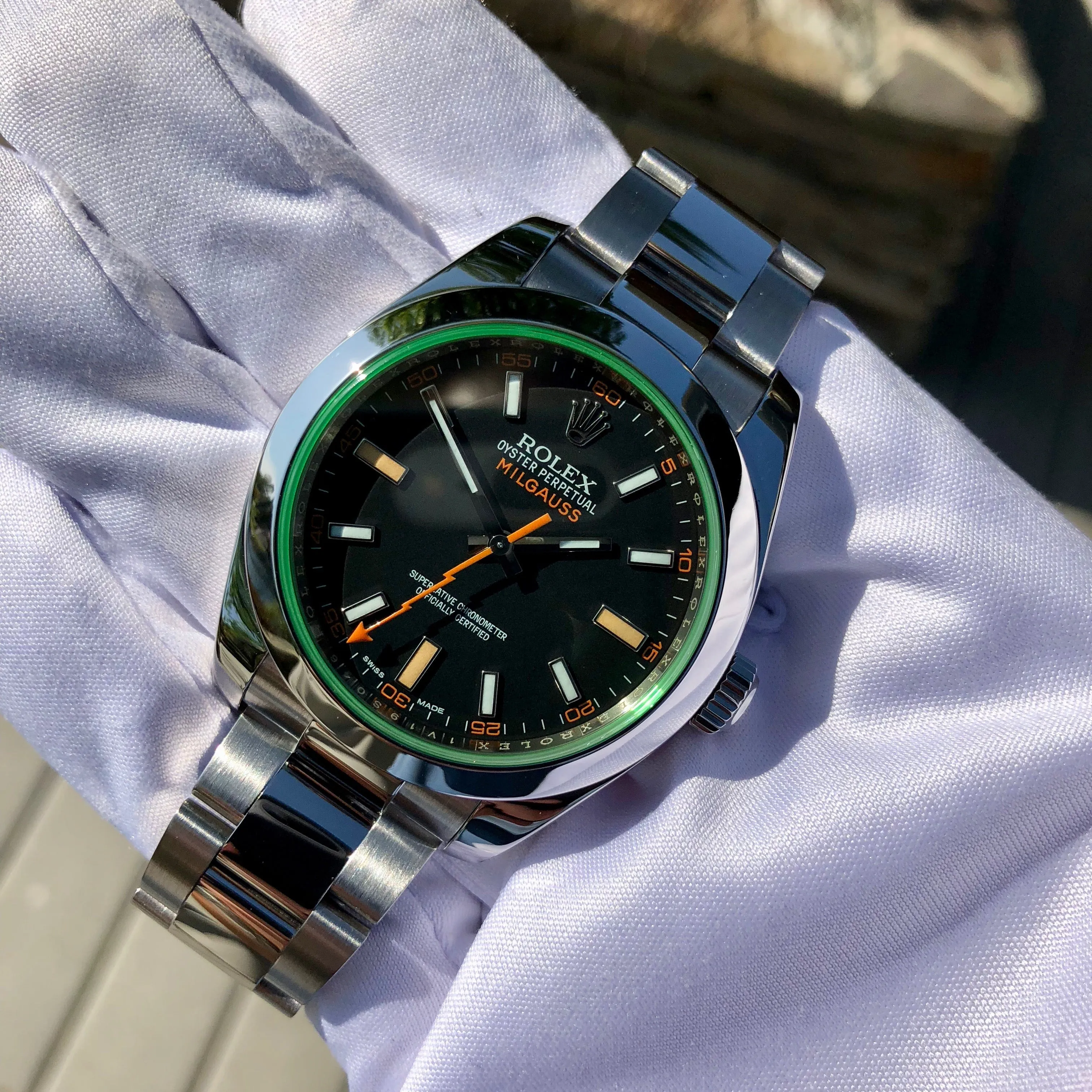 Rolex Milgauss Green 116400GV Green Steel Wristwatch Box & Papers Circa 2014