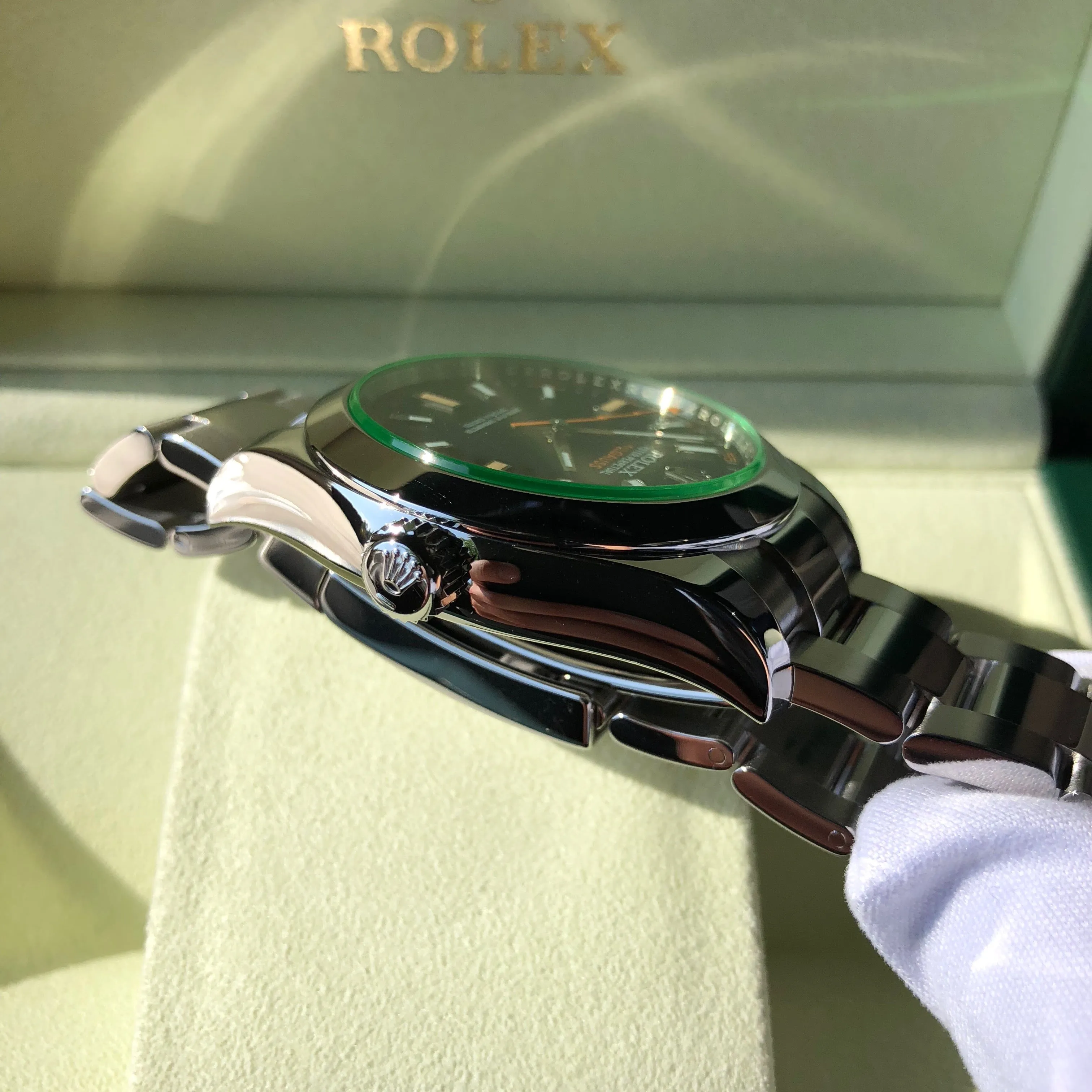 Rolex Milgauss Green 116400GV Green Steel Wristwatch Box & Papers Circa 2014