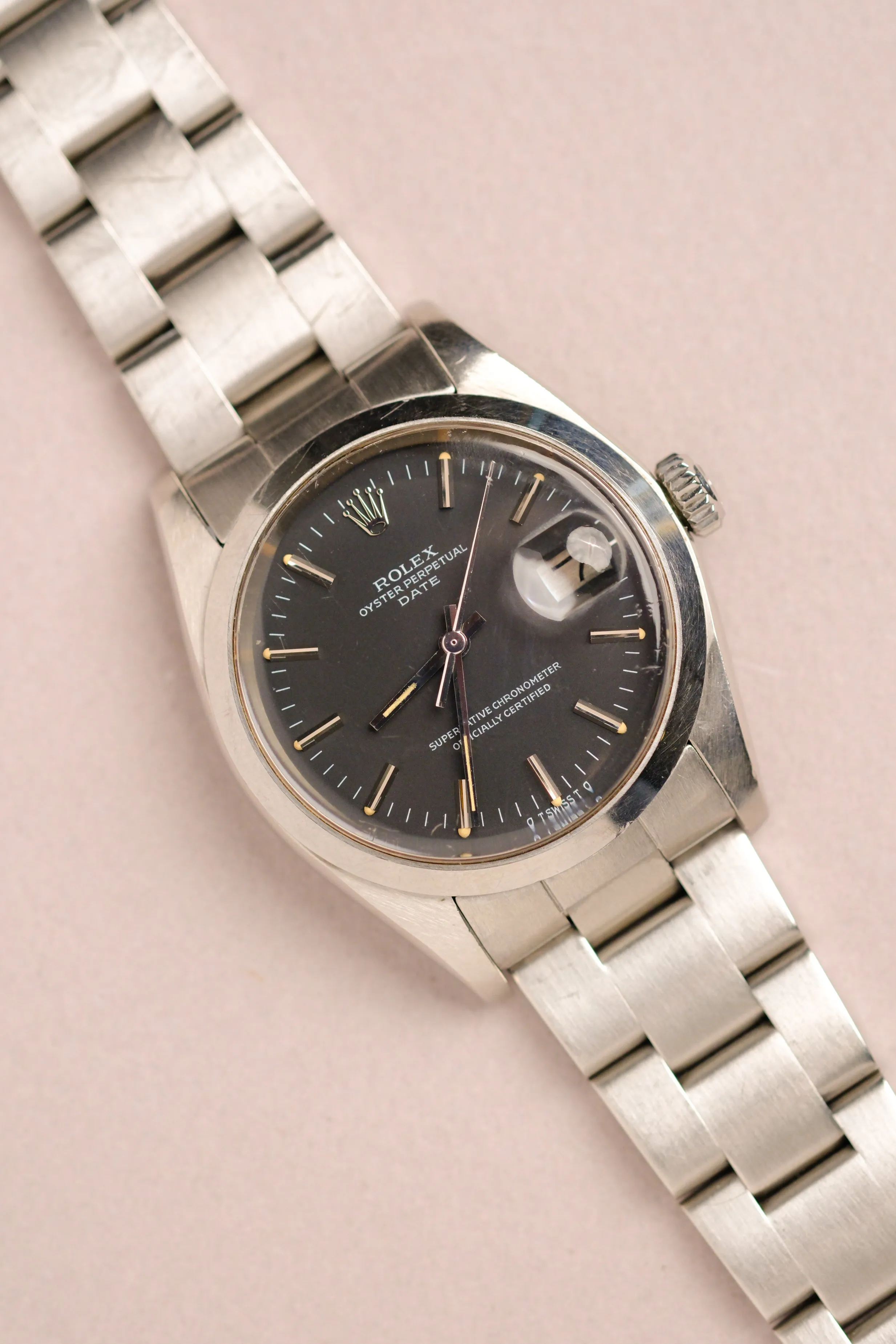 Rolex Oyster Perpetual 1500 Sigma Matte Black Cream Patina Dial w/Papers - 1978