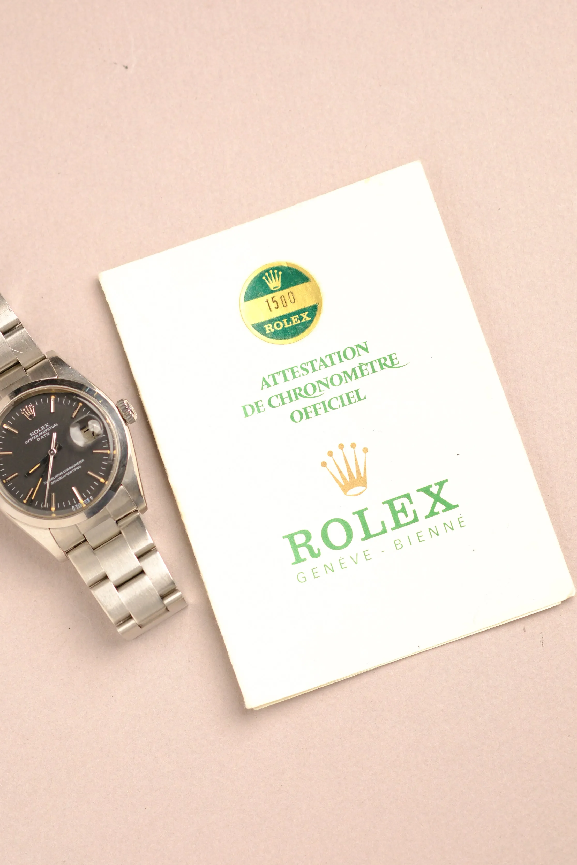 Rolex Oyster Perpetual 1500 Sigma Matte Black Cream Patina Dial w/Papers - 1978