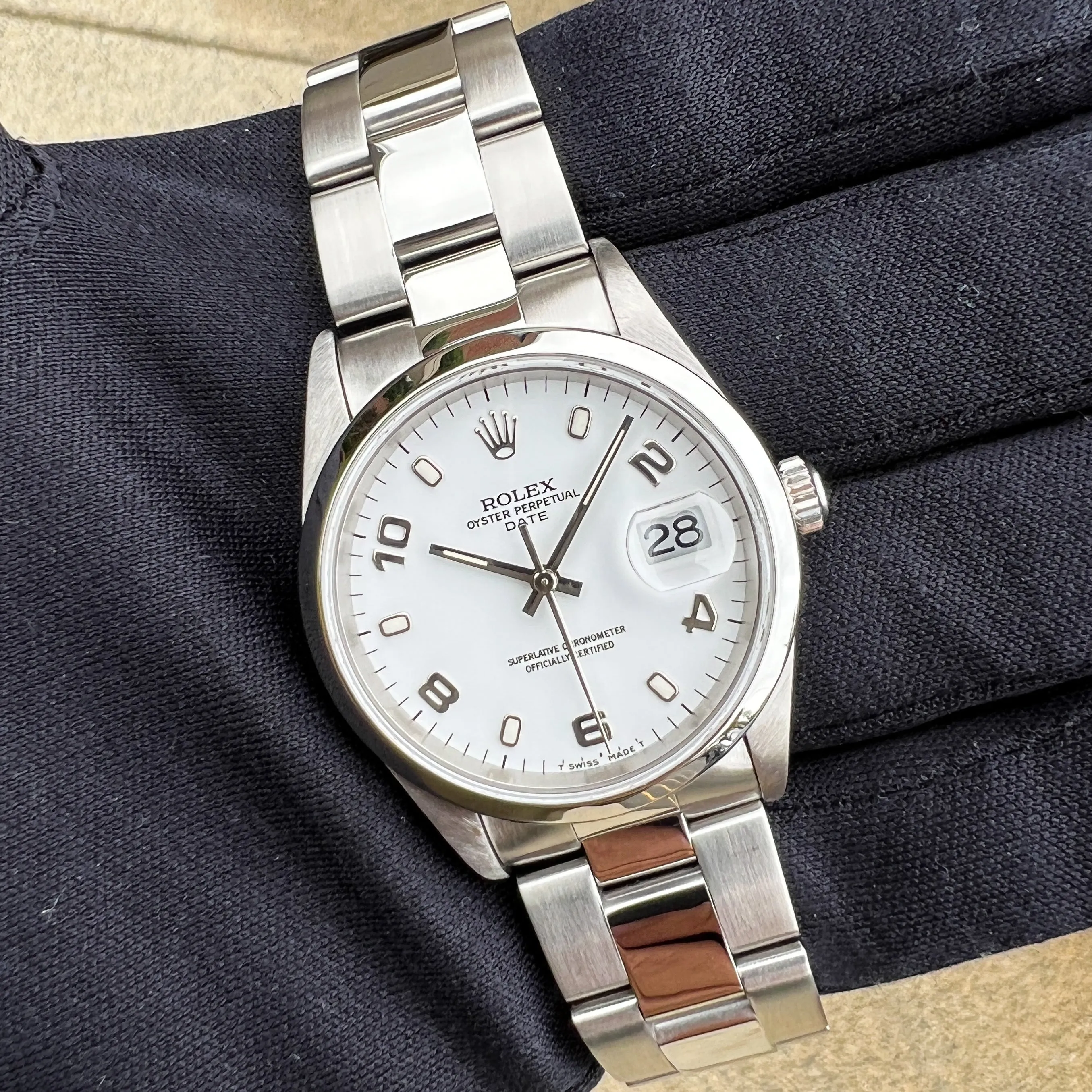 Rolex Oyster Perpetual Date 15200 White Arabic 1997 Steel 34 mm