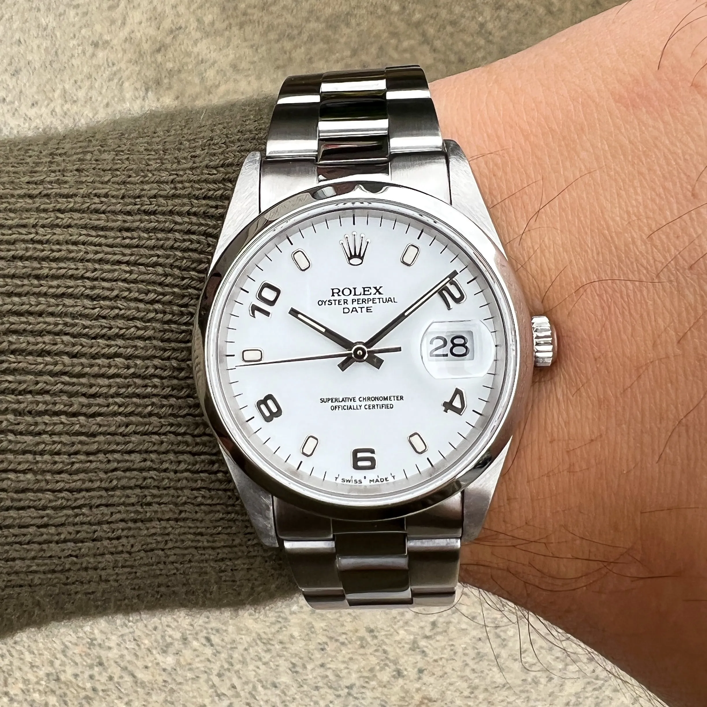 Rolex Oyster Perpetual Date 15200 White Arabic 1997 Steel 34 mm