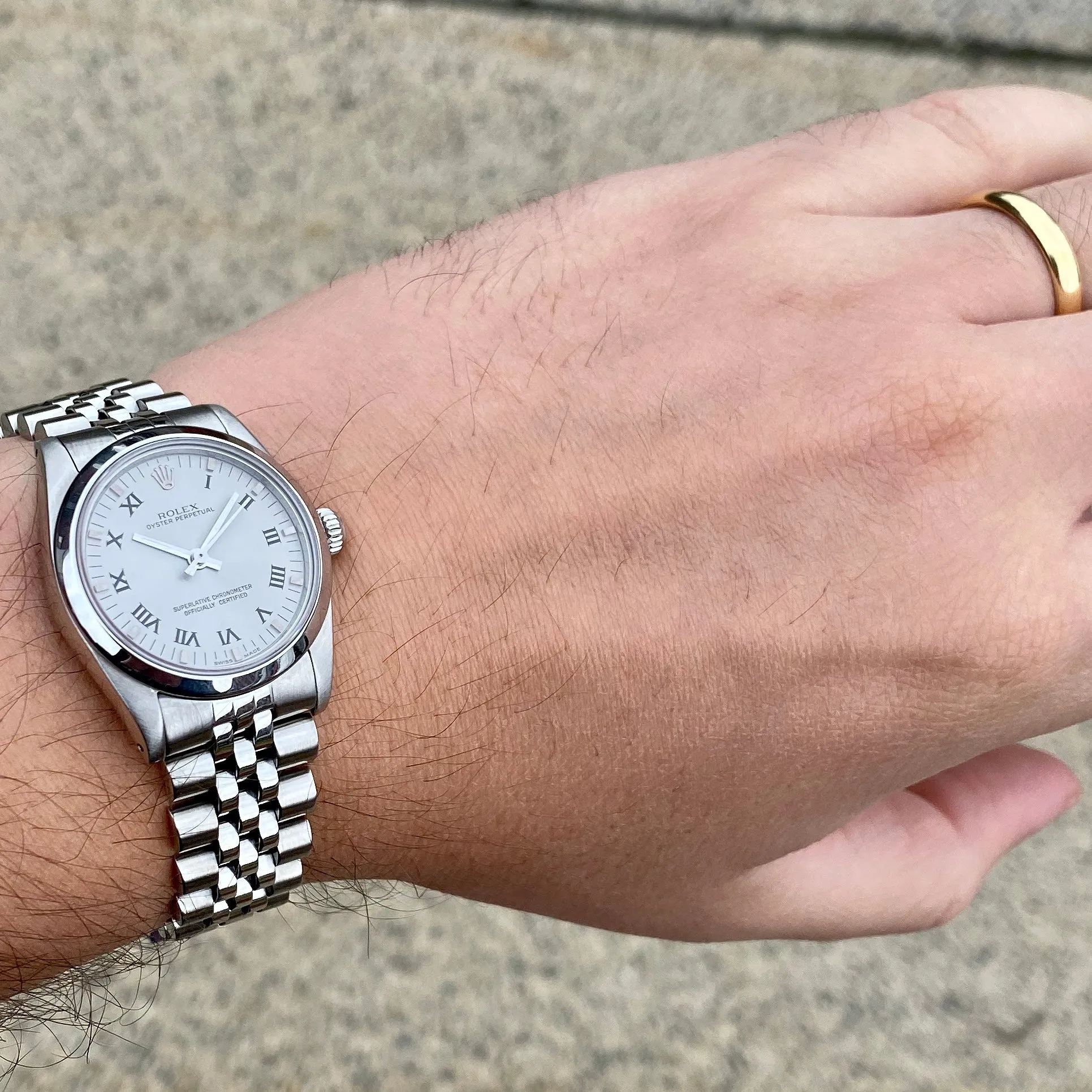Rolex Oyster Perpetual Midsize 67480 Roman Numerals Gray Automatic c. 1986 Jubilee Steel 31 mm