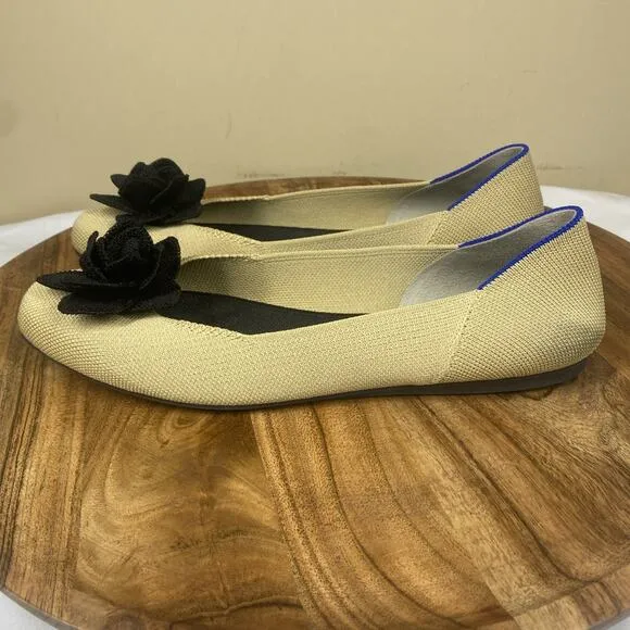 Rothys The Petal Womens Tan &amp; Black Size 10 Square Slip On Ballet Flats