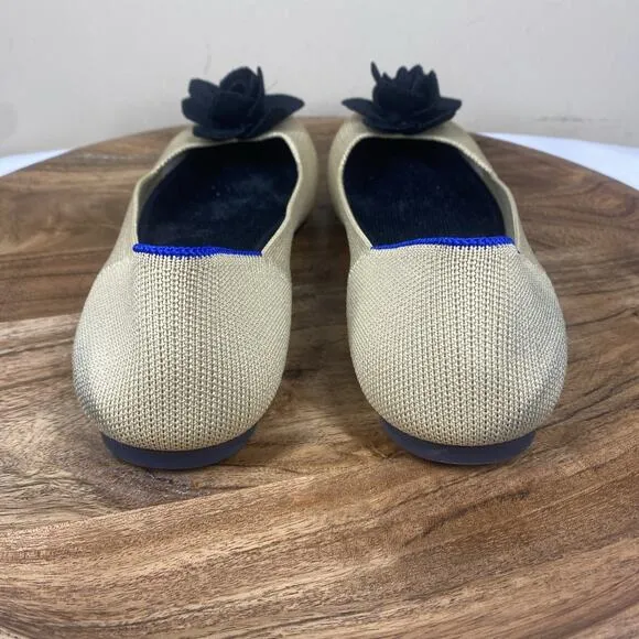 Rothys The Petal Womens Tan &amp; Black Size 10 Square Slip On Ballet Flats