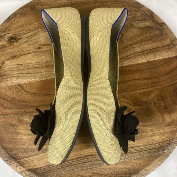Rothys The Petal Womens Tan &amp; Black Size 10 Square Slip On Ballet Flats