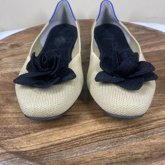 Rothys The Petal Womens Tan &amp; Black Size 10 Square Slip On Ballet Flats