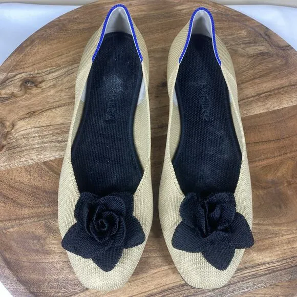 Rothys The Petal Womens Tan &amp; Black Size 10 Square Slip On Ballet Flats