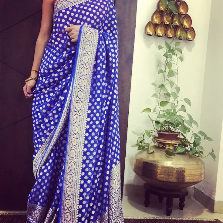 Royal Blue Georgette Banarasi Wedding Saree