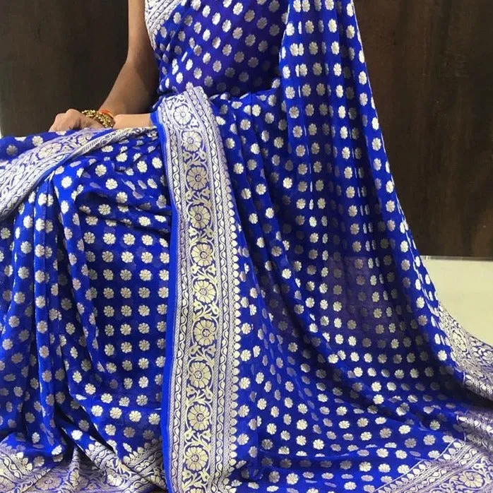 Royal Blue Georgette Banarasi Wedding Saree
