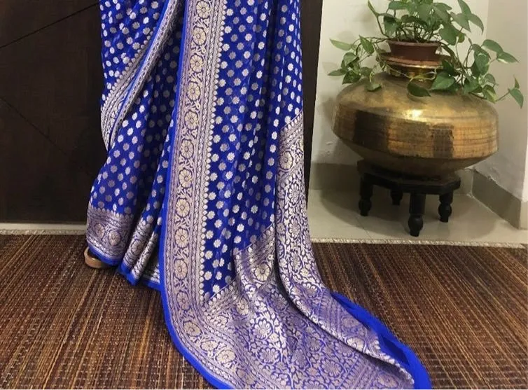 Royal Blue Georgette Banarasi Wedding Saree