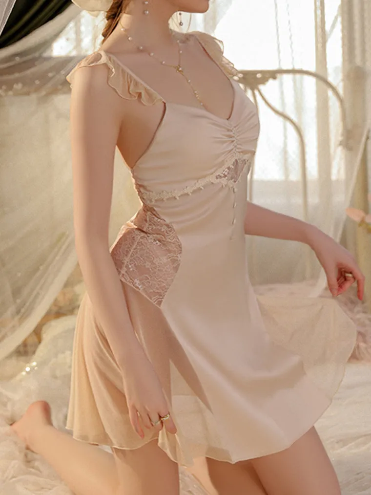 Ruffle Straps Fold Button Mesh Detail Slip