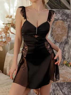 Ruffle Straps Fold Button Mesh Detail Slip