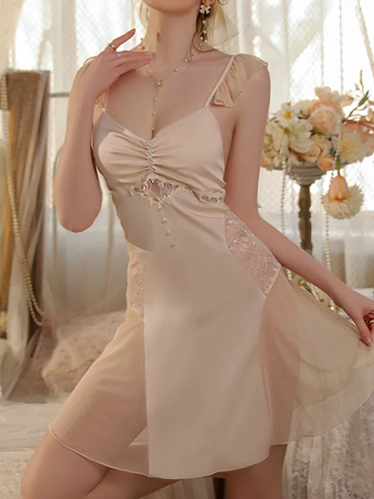 Ruffle Straps Fold Button Mesh Detail Slip