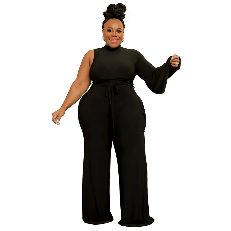 Rylee Plus Size One-Sleeve High Neck Belted Wide-Leg Jumpsuit