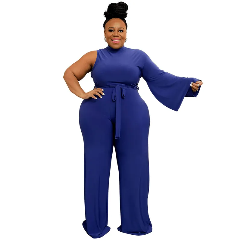 Rylee Plus Size One-Sleeve High Neck Belted Wide-Leg Jumpsuit
