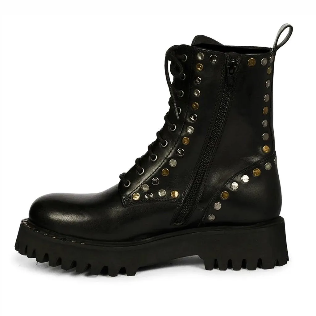 Saint Natalie Metal Studs Lace Up High Ankle Leather Boots