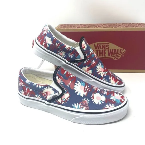 🌸Sale🌸 VANS Classic Womens Slip-On Low Top Crew Floral Blue Canvas VN0A4BV31JA